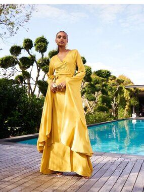 DIARRABLU Womens Maya Exaggerated Sleeve Satin Wrap Dress Yellow XL NEW